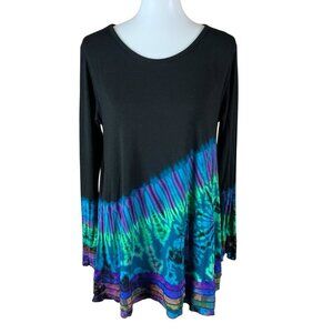 Tucan Tango Black Blue Green Tie Dye Long Sleeve Tunic Boho Festival Hippie L